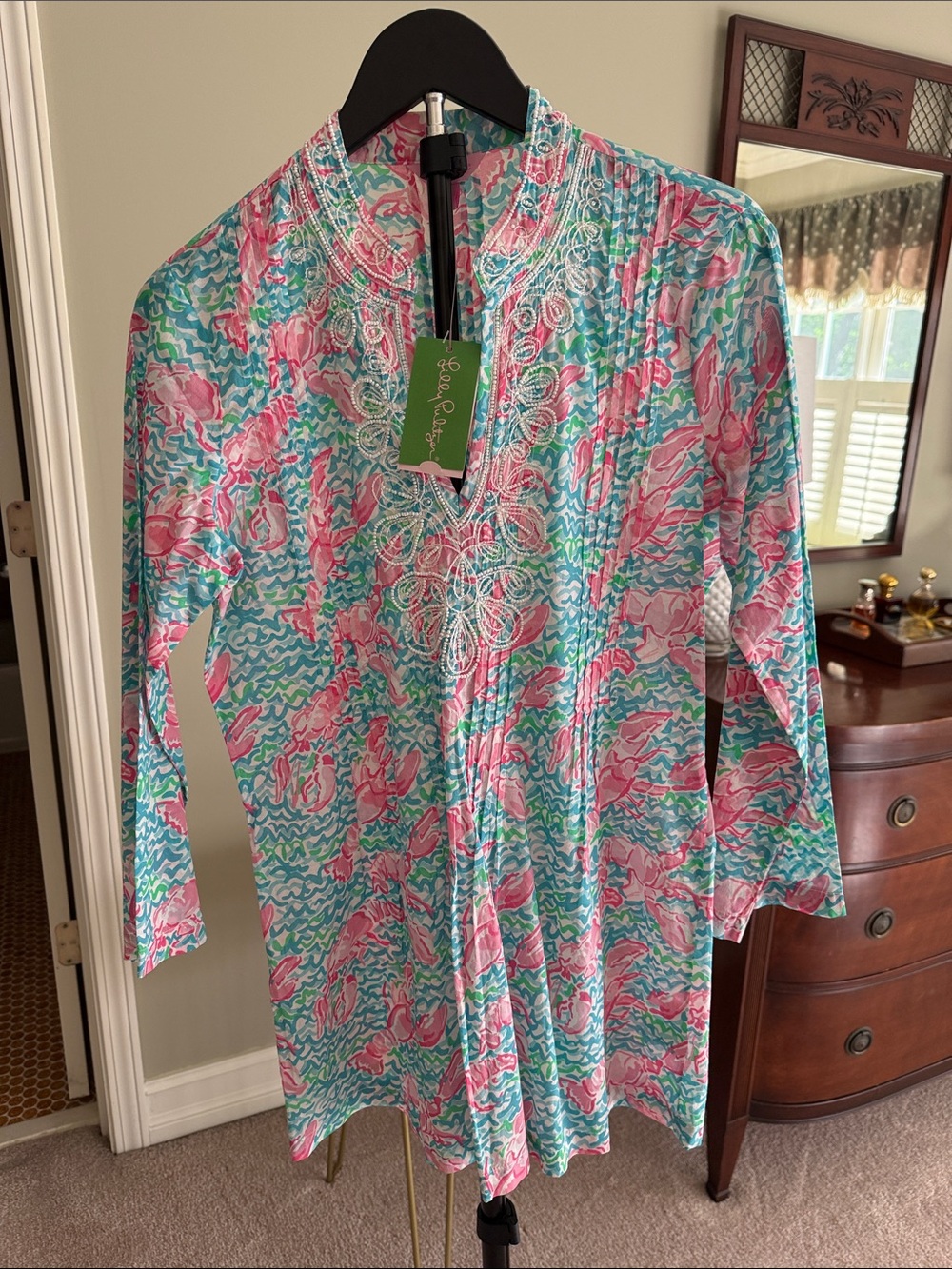 Lilly Pulitzer Lobstah Roll Floral-Print Tunic with White Beading 🦞